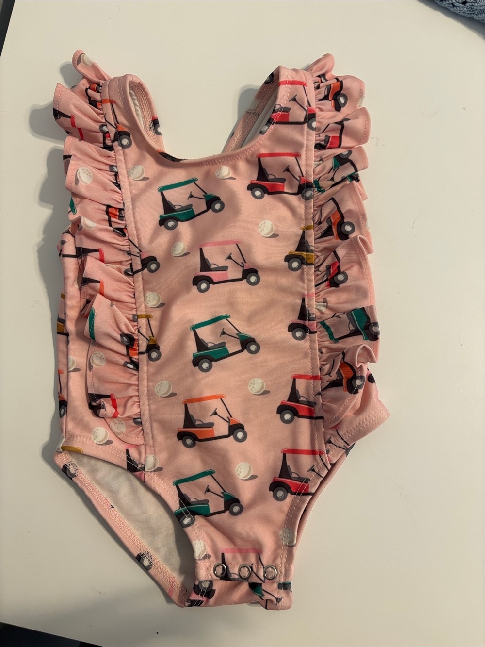 SIIX spearmint love pink golf cart print ruffle swim suit size 6-12 months